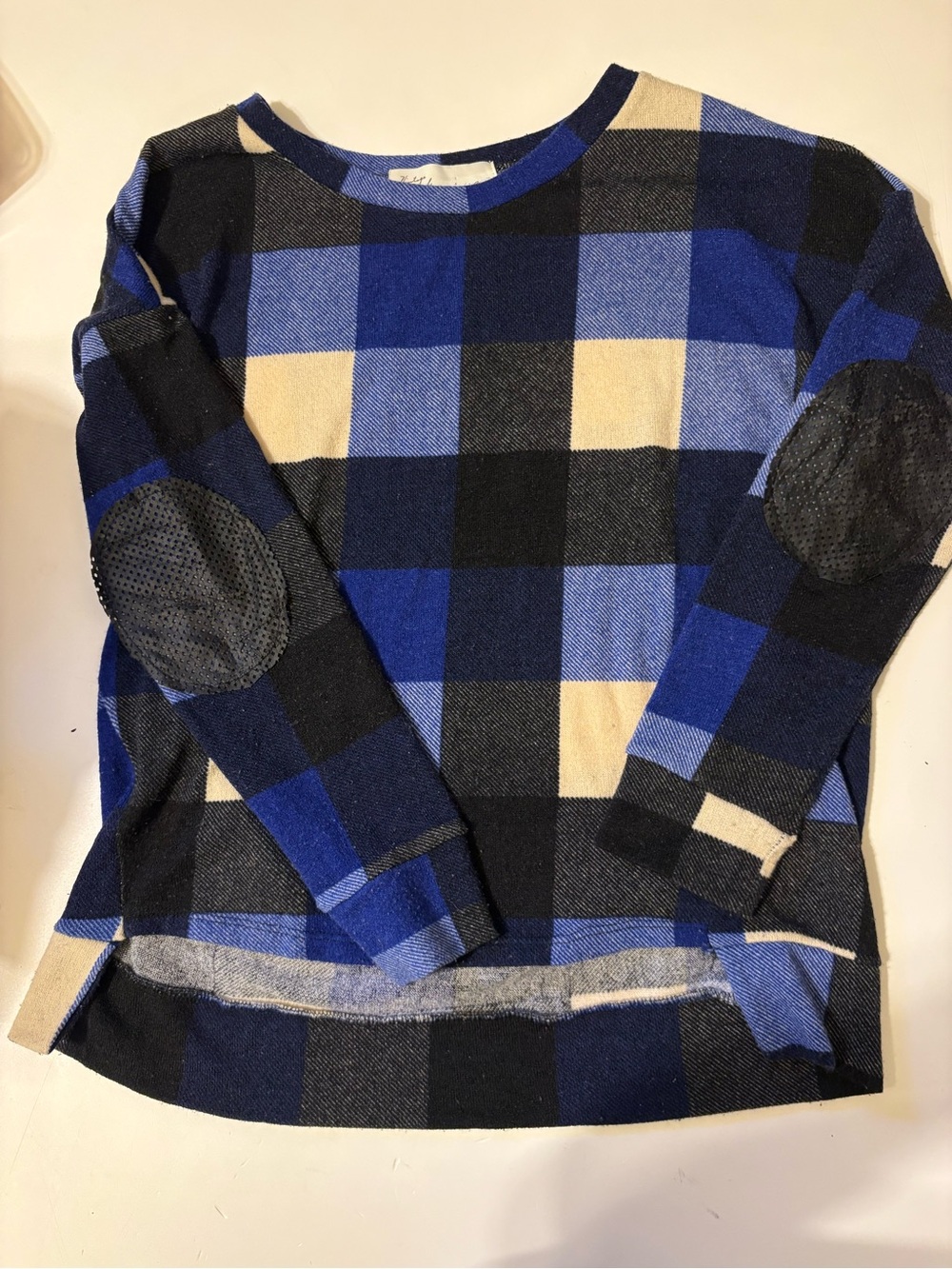 Woman’s Blue Plaid Crewneck Sweater with Elbow Patches
